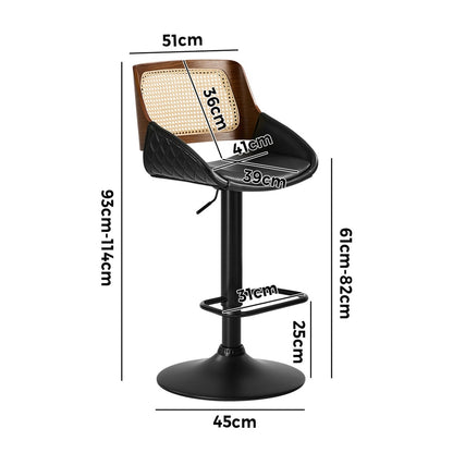 4x Bar Stools Gas Lift Stool Rattan Leather Black - 9