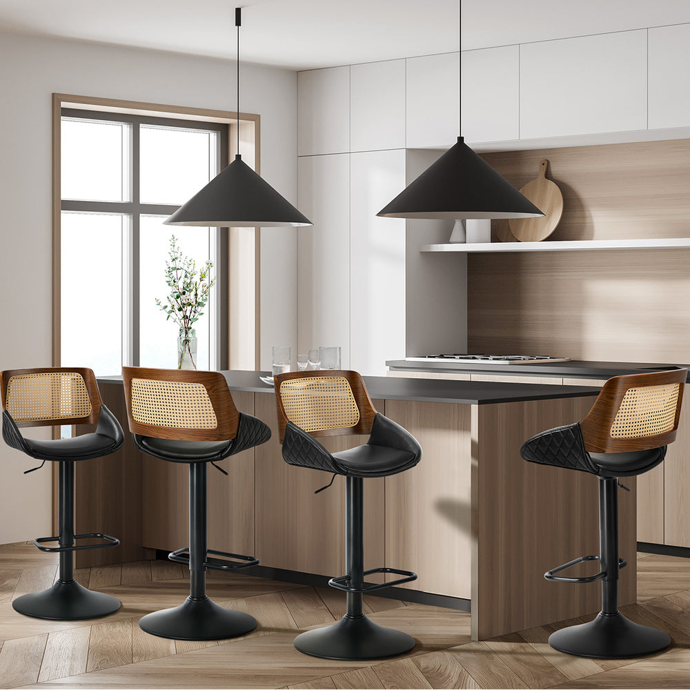 4x Bar Stools Gas Lift Stool Rattan Leather Black - 5
