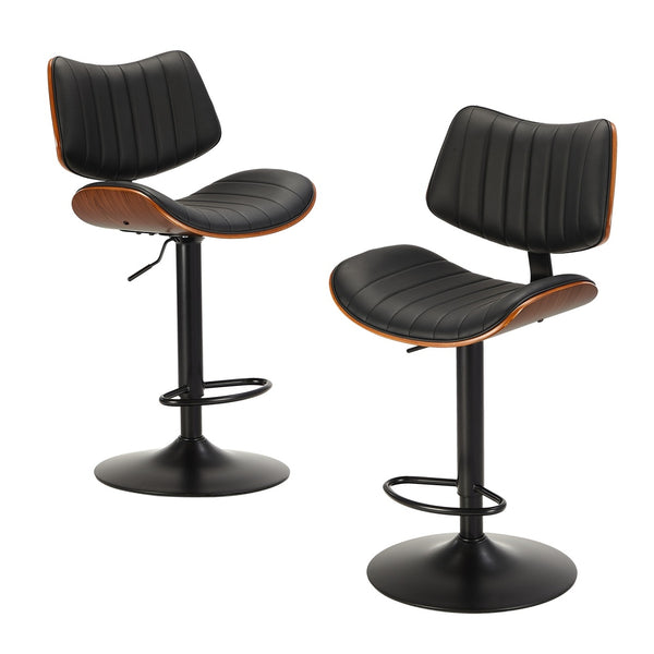  2x Bar Stool Kitchen Swivel Chair Wooden Leather Gas Lift Black