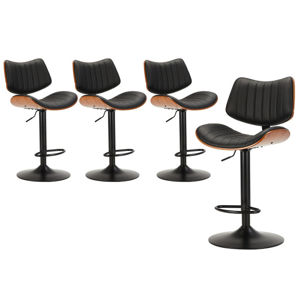  4x Bar Stool Kitchen Swivel Chair Wooden Leather Gas Lift