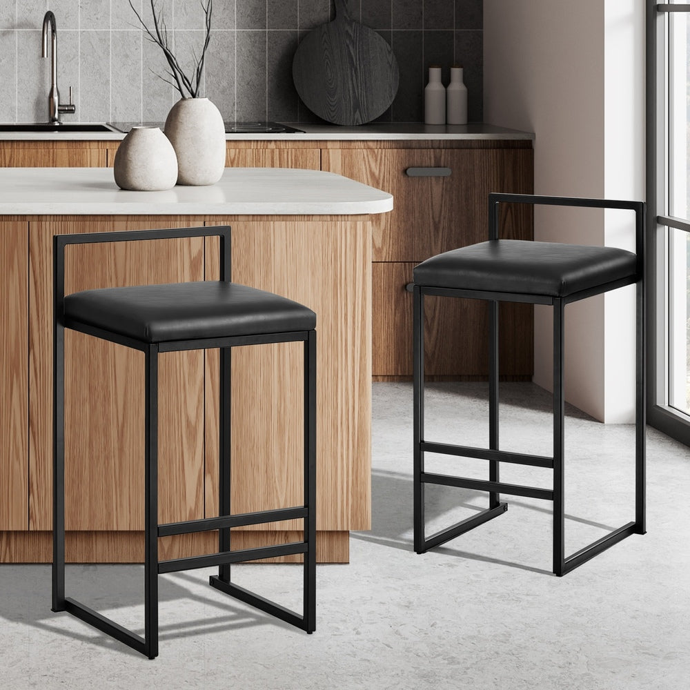 Modern Bar Stools 2-Pack PU Leather Counter Chairs Black Metal Frame 65cm