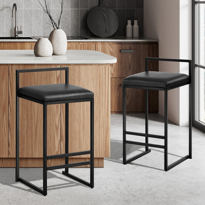 Modern Bar Stools 2-Pack PU Leather Counter Chairs Black Metal Frame 65cm