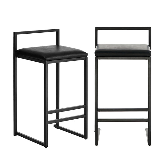 Modern Bar Stools 2-Pack PU Leather Counter Chairs Black Metal Frame 65cm