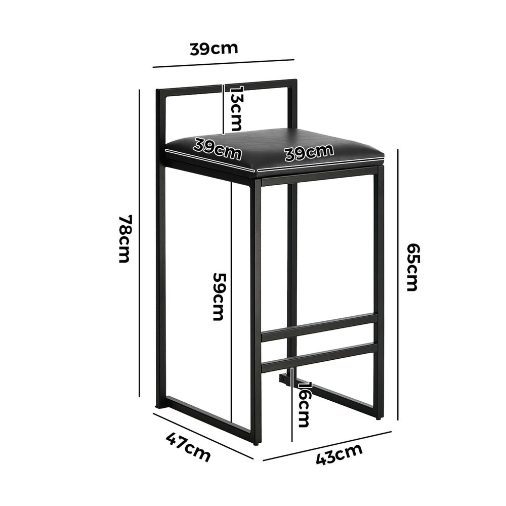 Modern Bar Stools 2-Pack PU Leather Counter Chairs Black Metal Frame 65cm