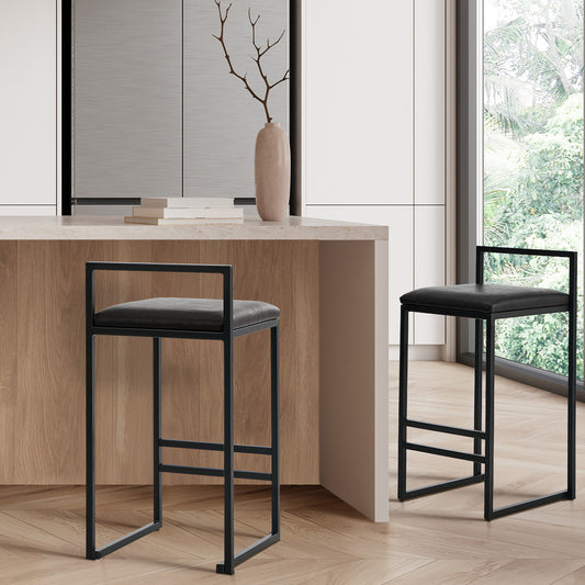 Modern Bar Stools 2-Pack PU Leather Counter Chairs Black Metal Frame 65cm