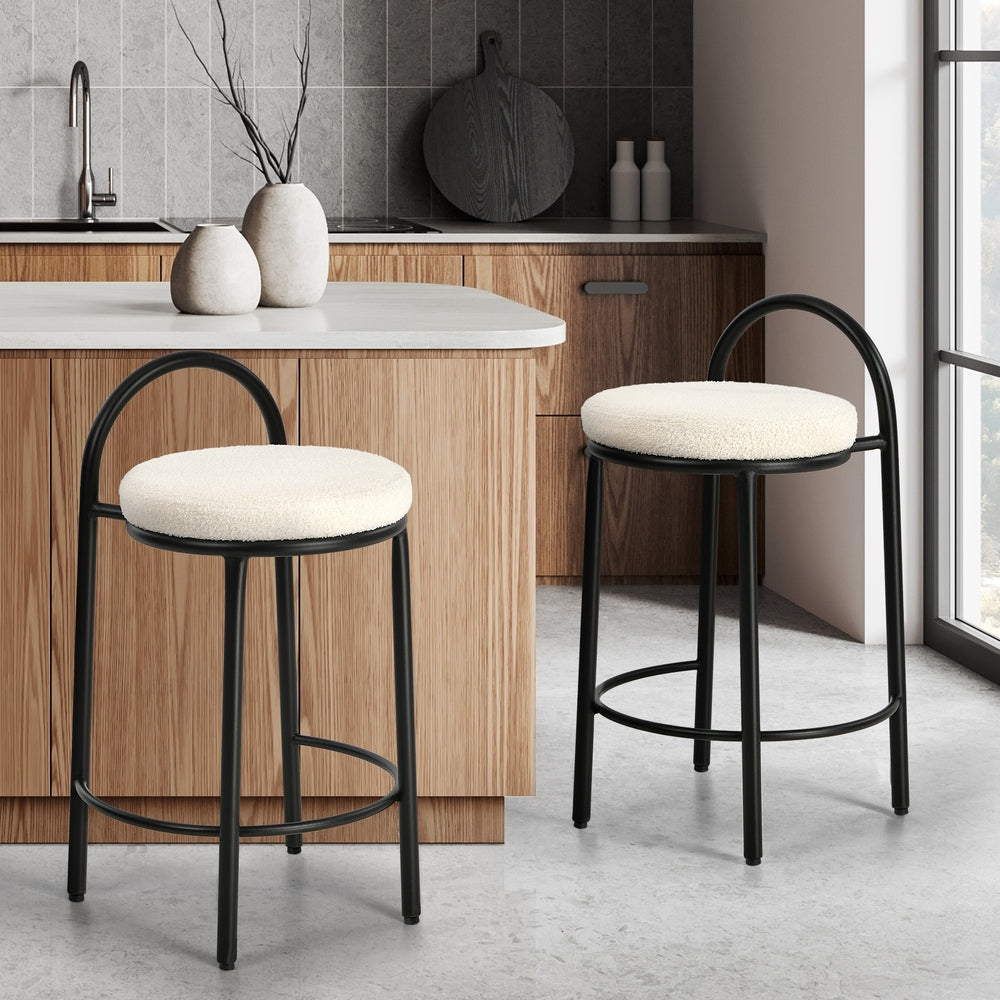 2x Bar Stool Dining Chair Round Counter Seat Boucle Upholstered Seating