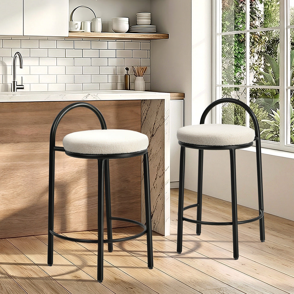 2x Bar Stool Dining Chair Round Counter Seat Boucle Upholstered Seating