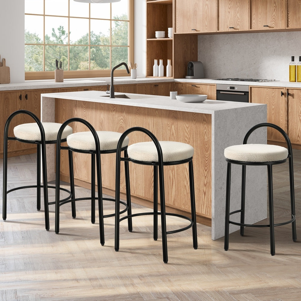4x Bar Stool Dining Chair Round Counter Seat Boucle Upholstered Seating