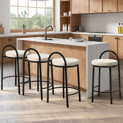 4x Bar Stool Dining Chair Round Counter Seat Boucle Upholstered Seating