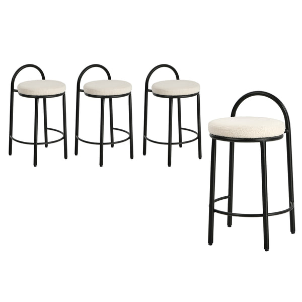  4x Bar Stool Dining Chair Round Counter Seat Boucle Upholstered Seating