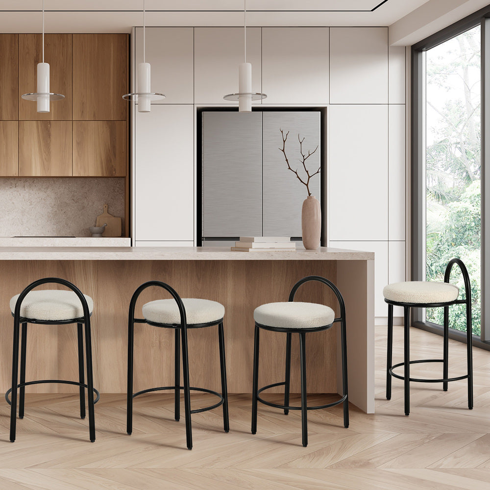 4x Bar Stool Dining Chair Round Counter Seat Boucle Upholstered Seating