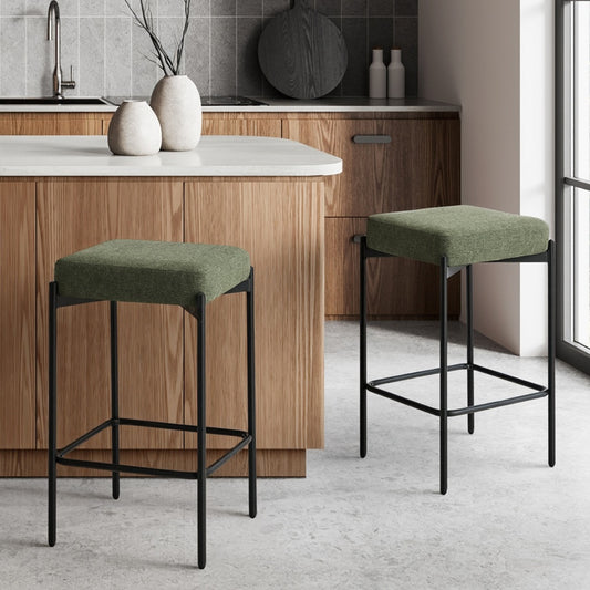2x Bar Stools Kitchen Counter Stool Linen Seat Metal Green