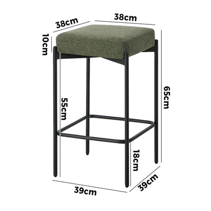 2x Bar Stools Kitchen Counter Stool Linen Seat Metal Green