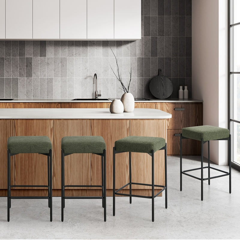 4x Bar Stools Kitchen Counter Stool Linen Seat Metal Green