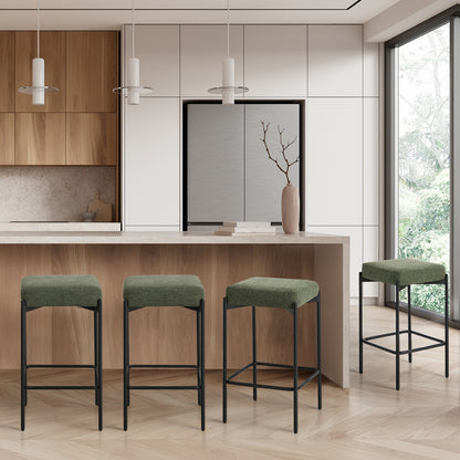4x Bar Stools Kitchen Counter Stool Linen Seat Metal Green