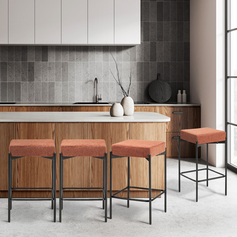 4x Bar Stools Kitchen Dining Chair Linen Seat Metal Orange
