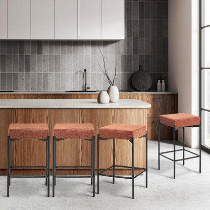 4x Bar Stools Kitchen Dining Chair Linen Seat Metal Orange