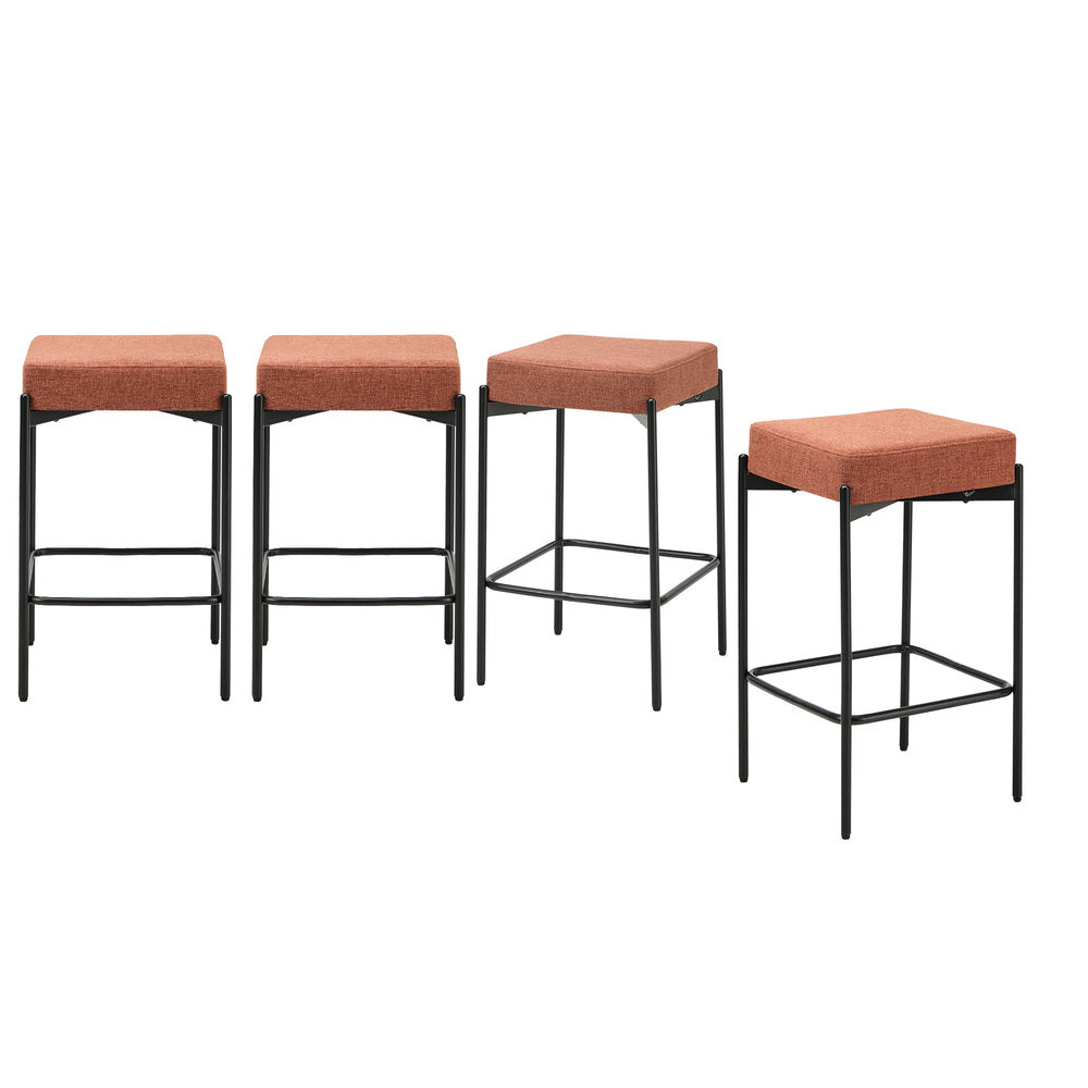 4x Bar Stools Kitchen Dining Chair Linen Seat Metal Orange - 2