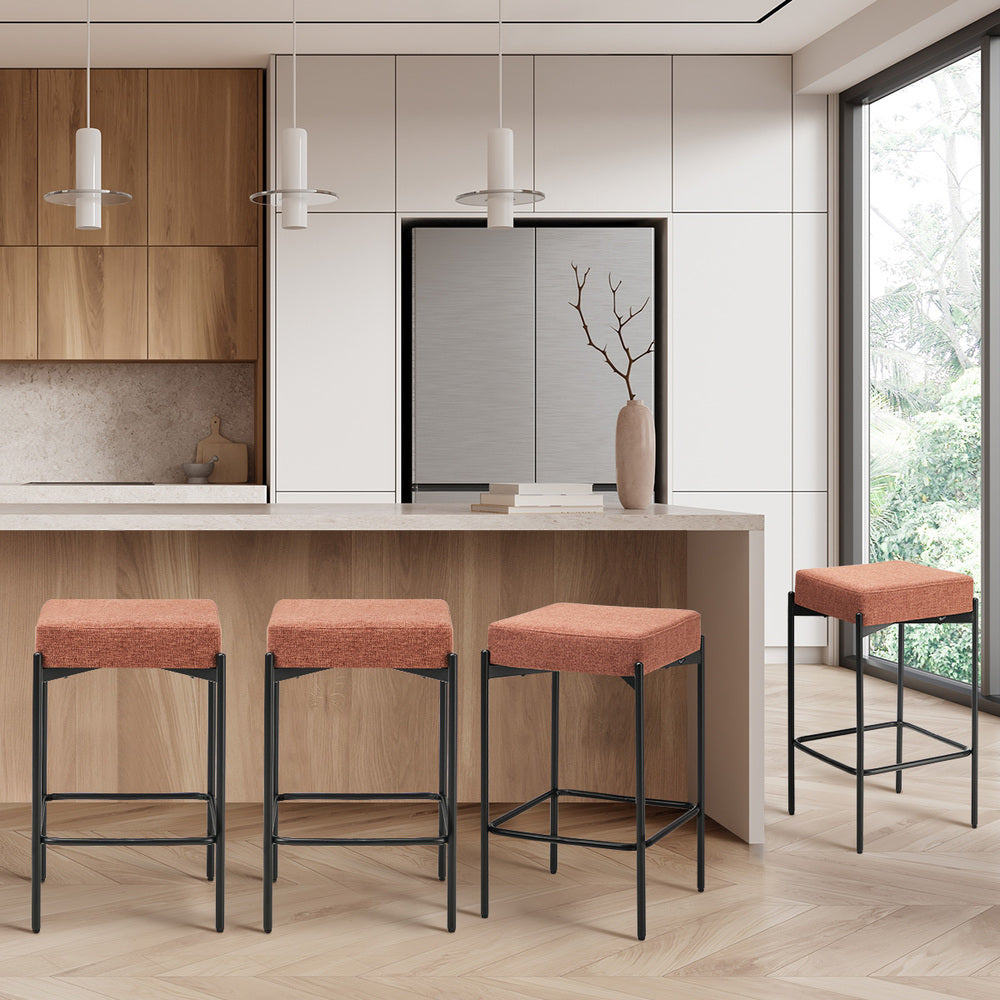 4x Bar Stools Kitchen Dining Chair Linen Seat Metal Orange - 9
