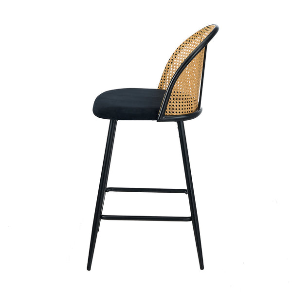  4x Bar Stools Rattan Dining Chair Velvet Black