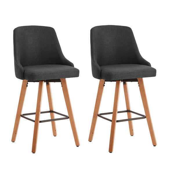  2x Wooden Bar Stool Kitchen Dining Chair Linen Fabric Counter Seat Grey