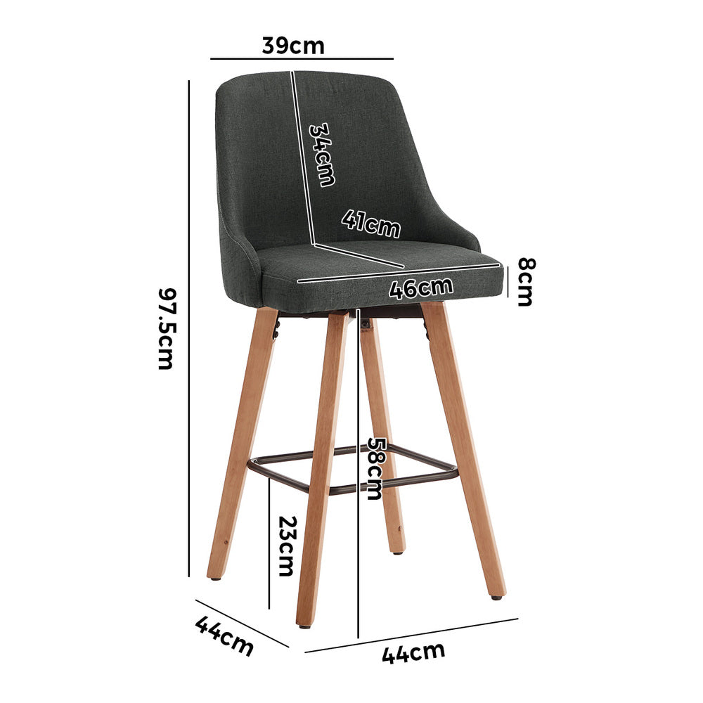 2x Wooden Bar Stool Kitchen Dining Chair Linen Fabric Counter Seat Grey