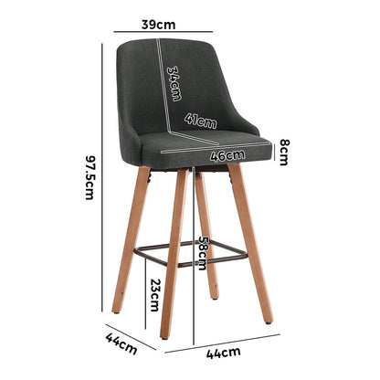 2x Wooden Bar Stool Kitchen Dining Chair Linen Fabric Counter Seat Grey