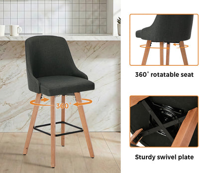 2x Wooden Bar Stool Kitchen Dining Chair Linen Fabric Counter Seat Grey