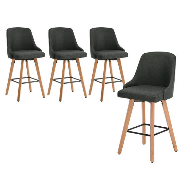 4x Wooden Bar Stool Kitchen Dining Chair Linen Fabric Counter Seat Grey