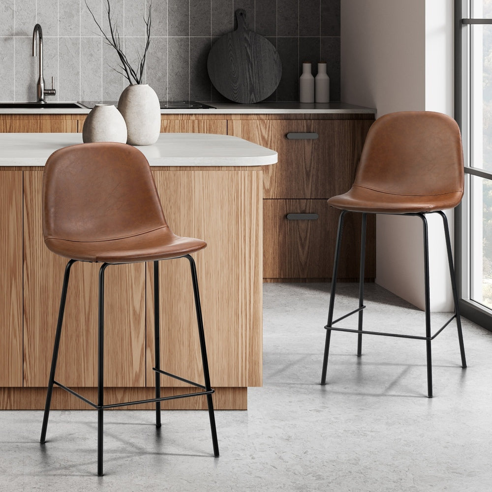 2x Bar Stools Kitchen Dining Chair PU Leather Brown