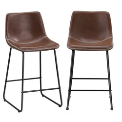 2x Bar Stools Leather Padded Stool Brown