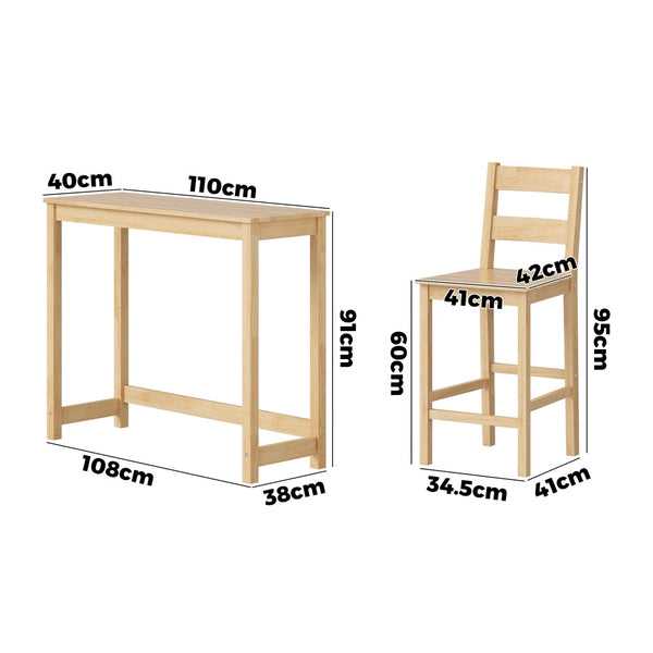  3PCS Bar Table Set Cafe Tables and 2 Stools Natural