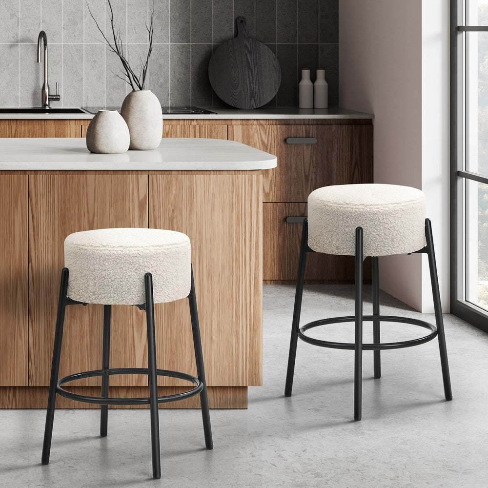 4x Bar Stools Kitchen Round Stool Boucle Fabric White