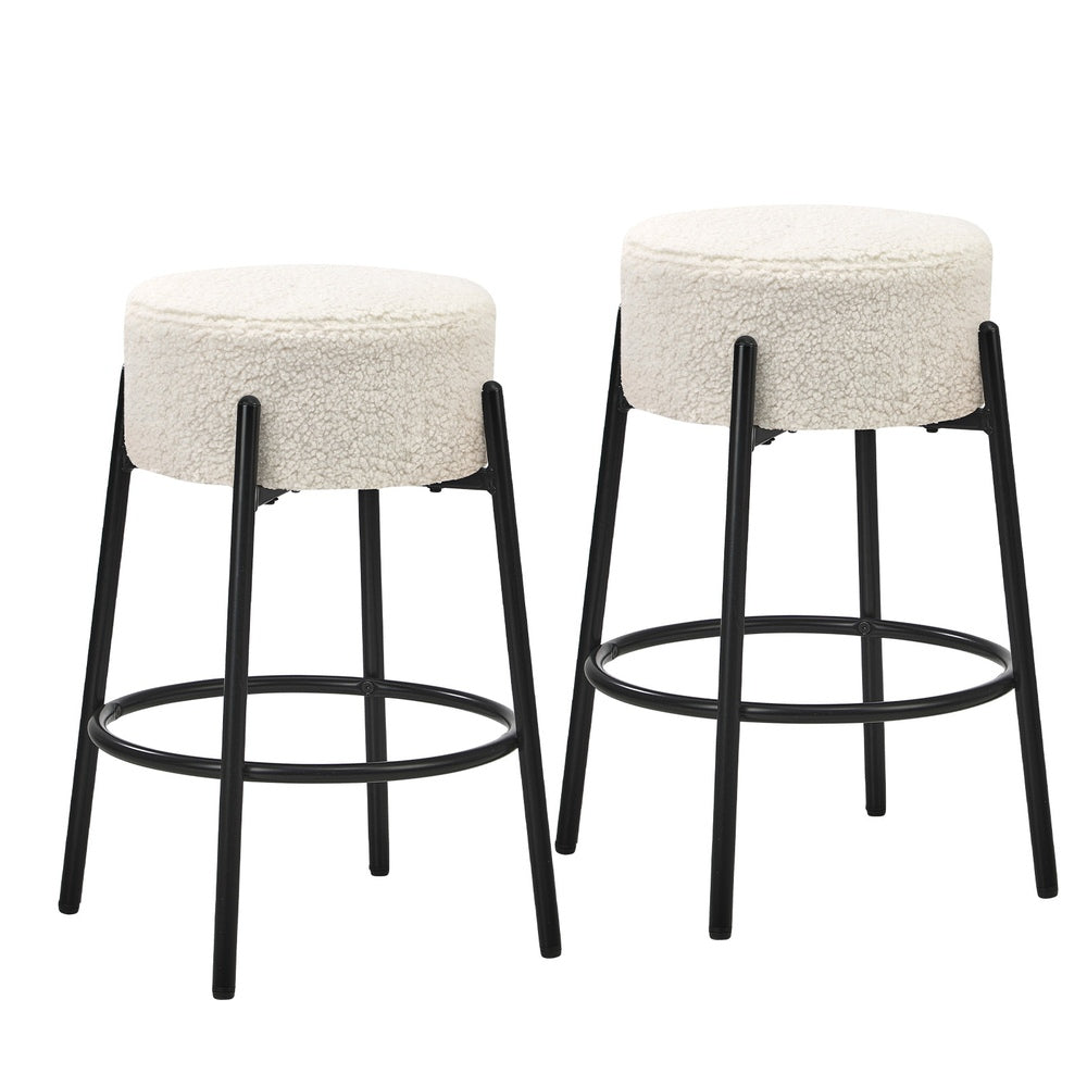 2x Bar Stools Kitchen Round Stool Boucle Fabric White