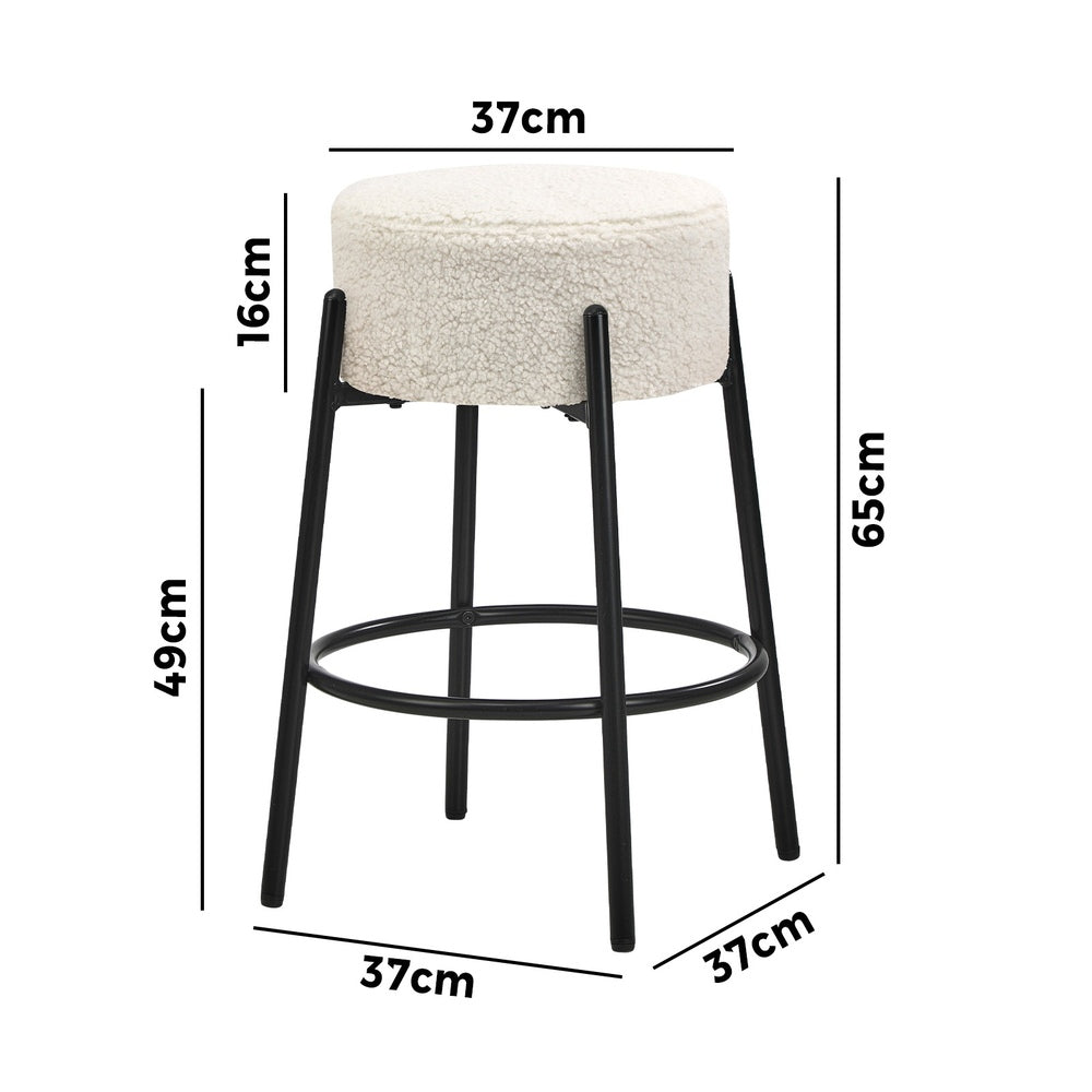 2x Bar Stools Kitchen Round Stool Boucle Fabric White