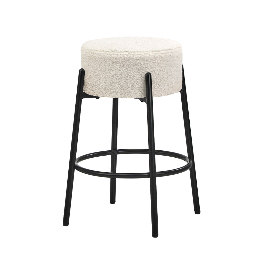 2x Bar Stools Kitchen Round Stool Boucle Fabric White