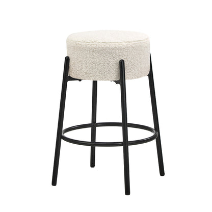 2x Bar Stools Kitchen Round Stool Boucle Fabric White