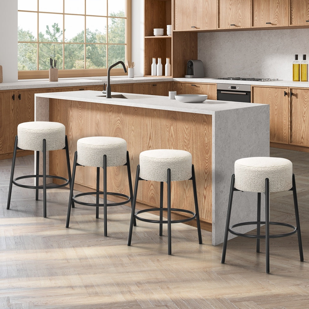 4x Bar Stools Kitchen Round Stool Boucle Fabric White