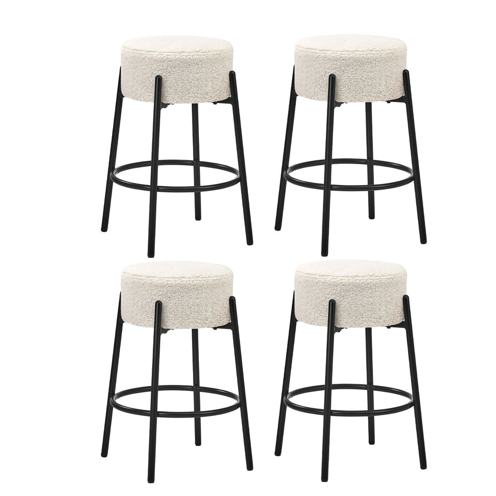 4x Bar Stools Kitchen Round Stool Boucle Fabric White
