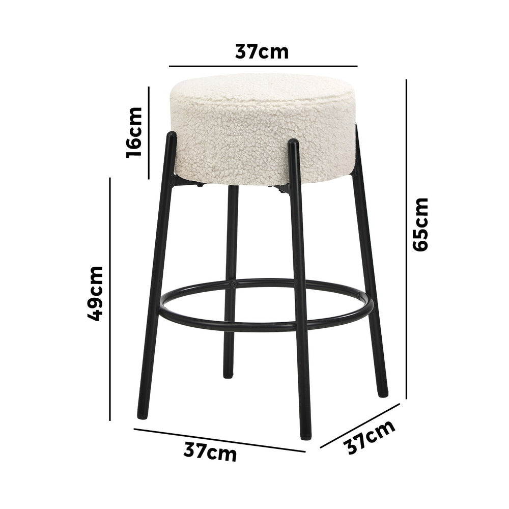 2x Bar Stools Kitchen Round Stool Boucle Fabric White
