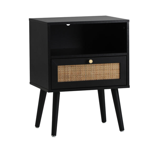  Bedside Table Storage Drawer Shelf Rattan Black