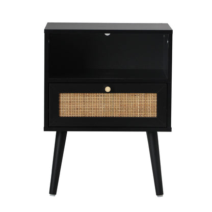 Bedside Table Storage Drawer Shelf Rattan Black