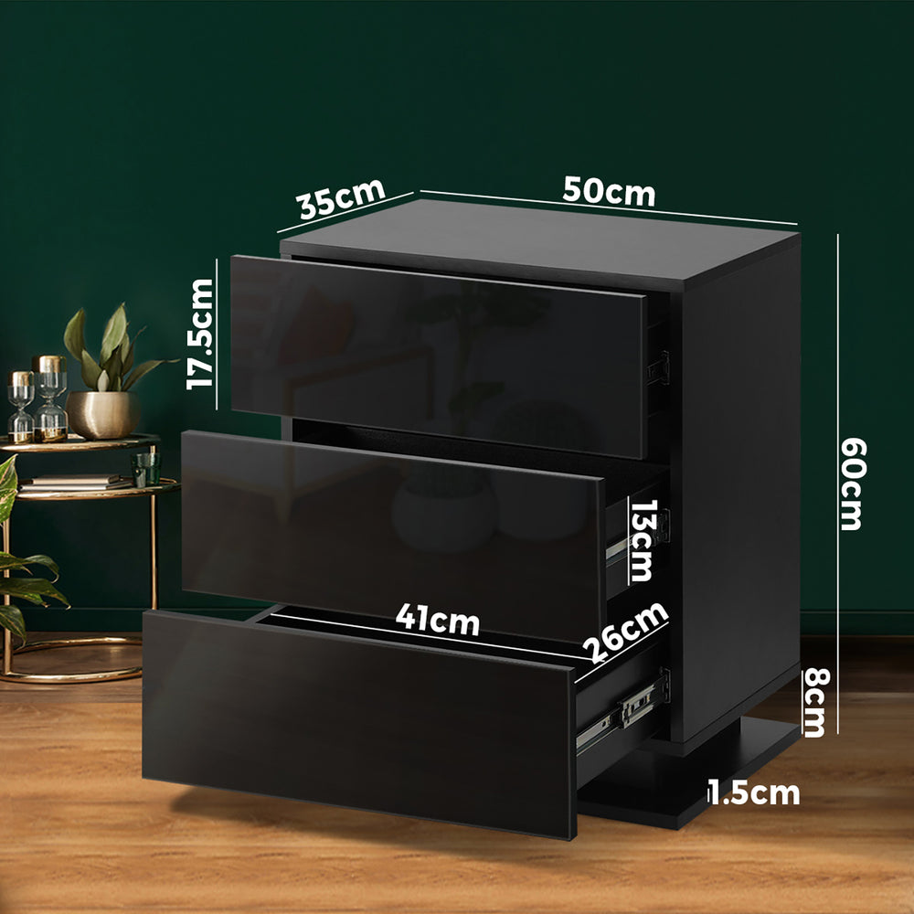 Bedside Table RGB LED Nightstand Cabinet 3 Drawers Side Table Home Bedroom Furniture-Black