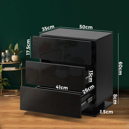 Bedside Table RGB LED Nightstand Cabinet 3 Drawers Side Table Home Bedroom Furniture-Black