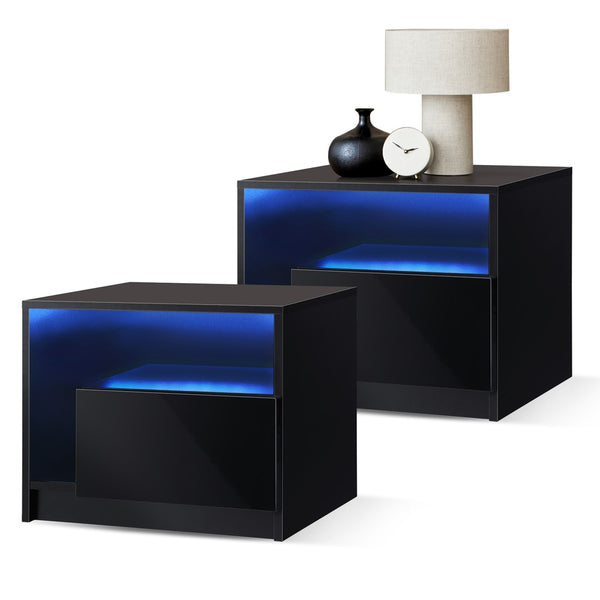  Bedside Tables Set of 2 LED Black