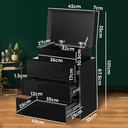 Bedside Table RGB LED Nightstand Cabinet 3 Drawers Side Table Furniture Black