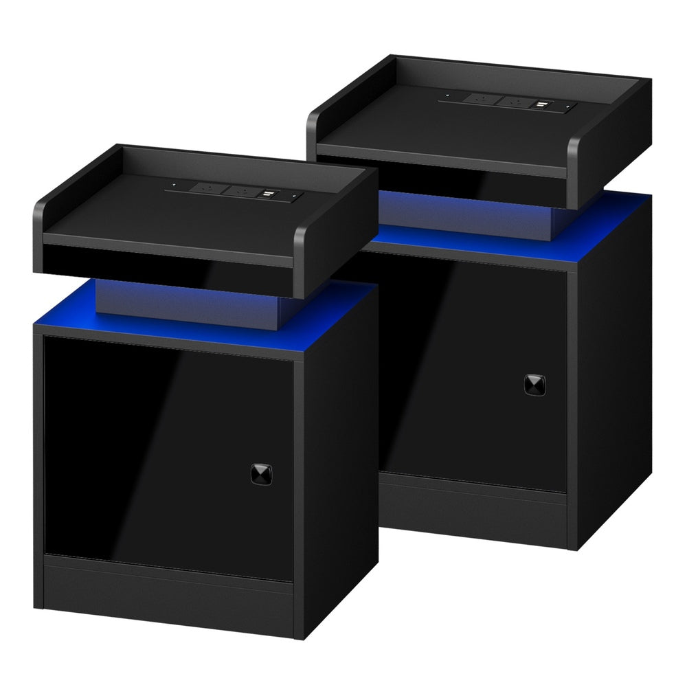 2x LED Bedside Table USB Charging Station Black
