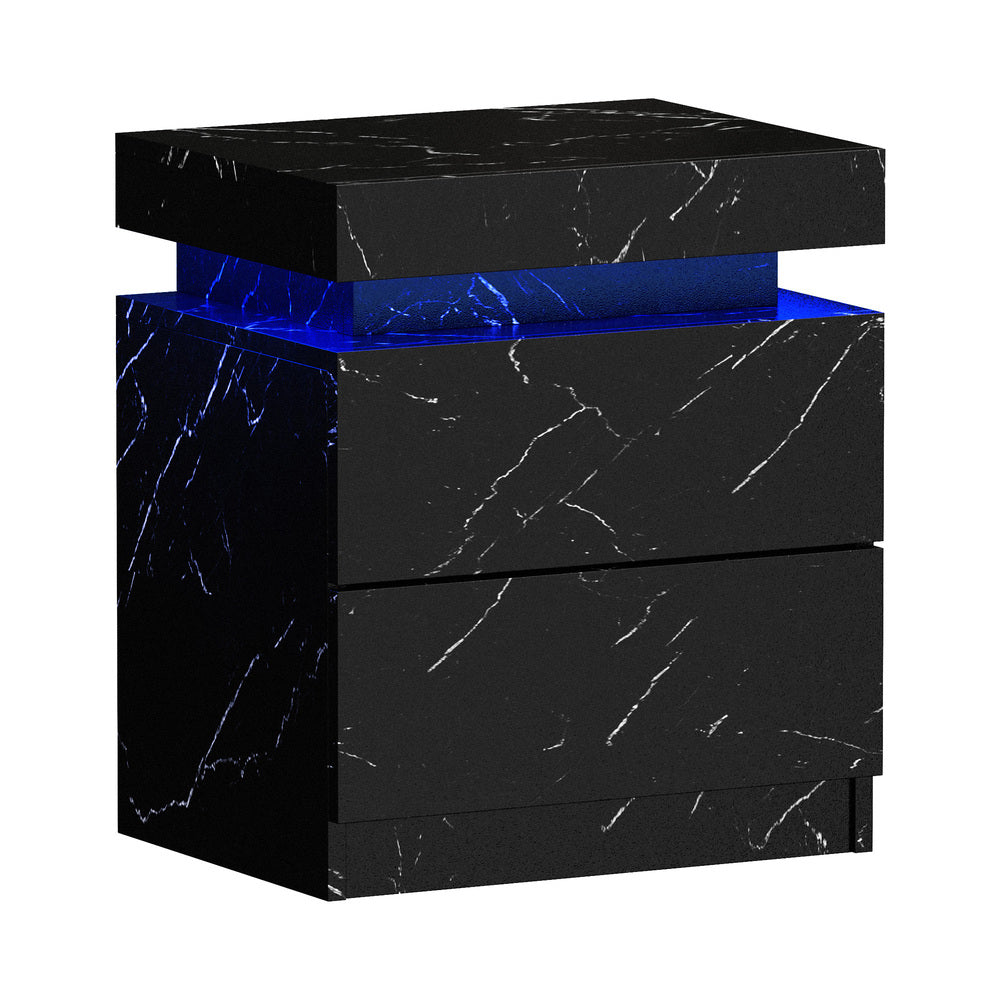 Bedside Table 2 Drawers LED Nightstand Marble Effect Black