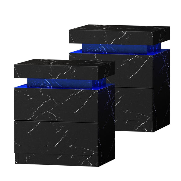  2x Bedside Table 2 Drawers LED Nightstand Marble Effect