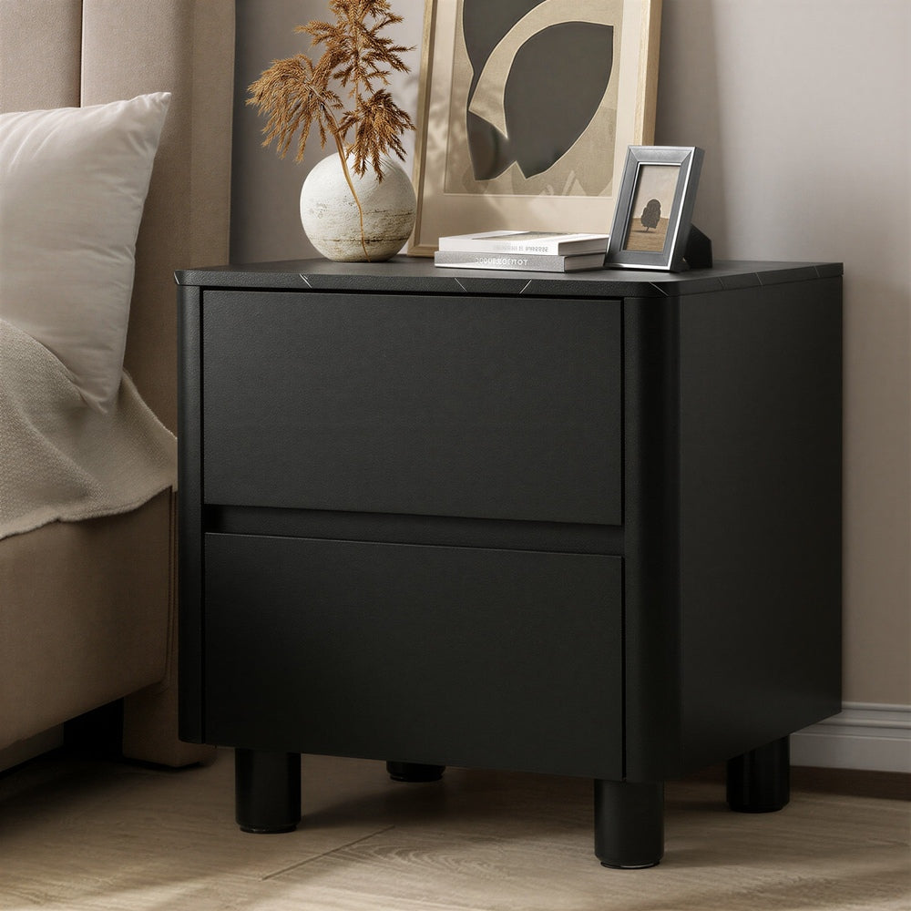 Bedside Table 2 Drawer Storage Cabinet Nightstand Walnut/Black Wood Finish